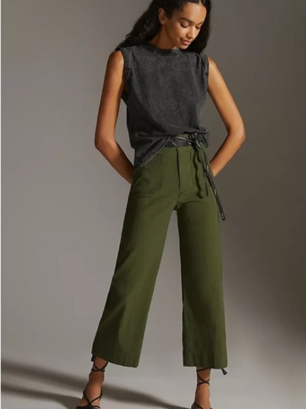 High-Rise Wide Leg Crop Pants in Olive Green